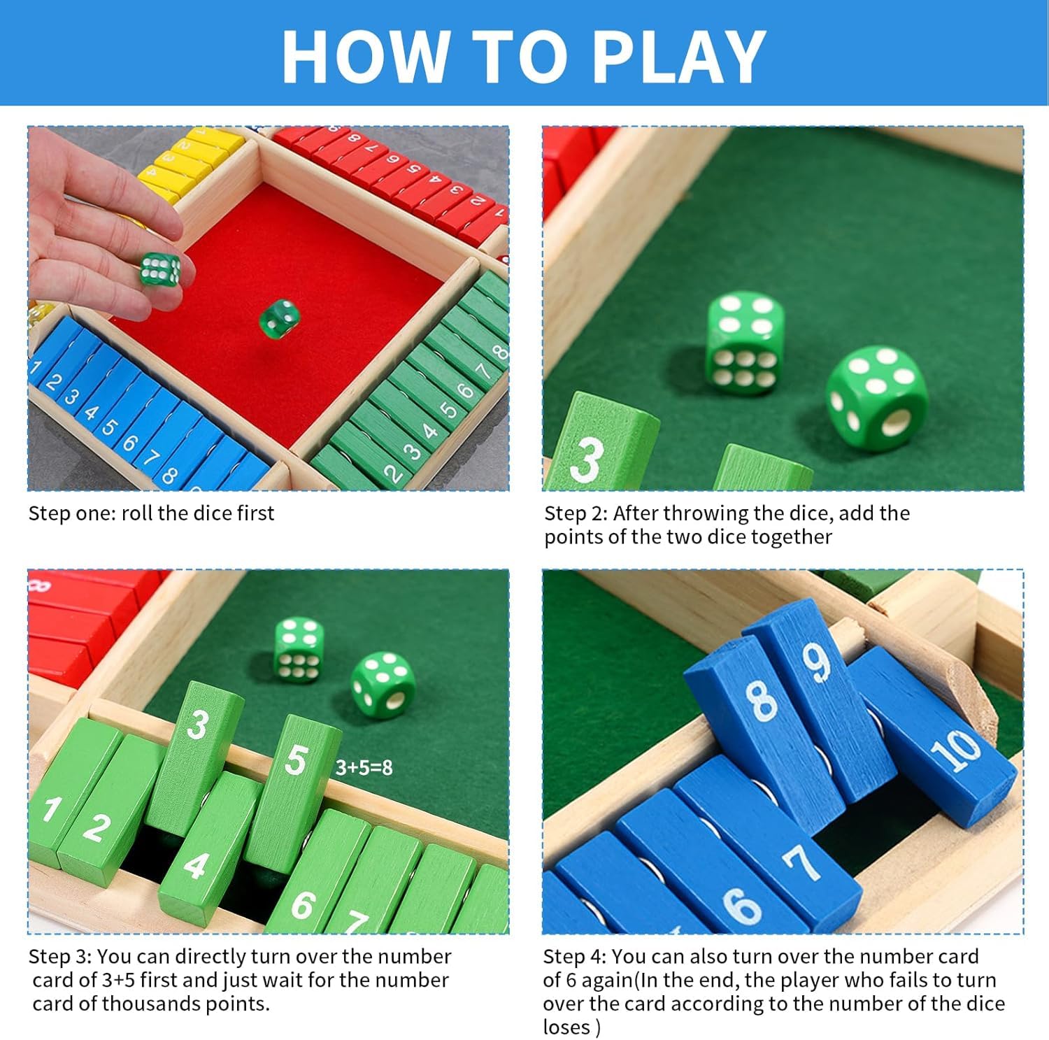 Kiddyraft Wooden Colourful Shut the Box Dice Game – 4 Player Edition - Image 4
