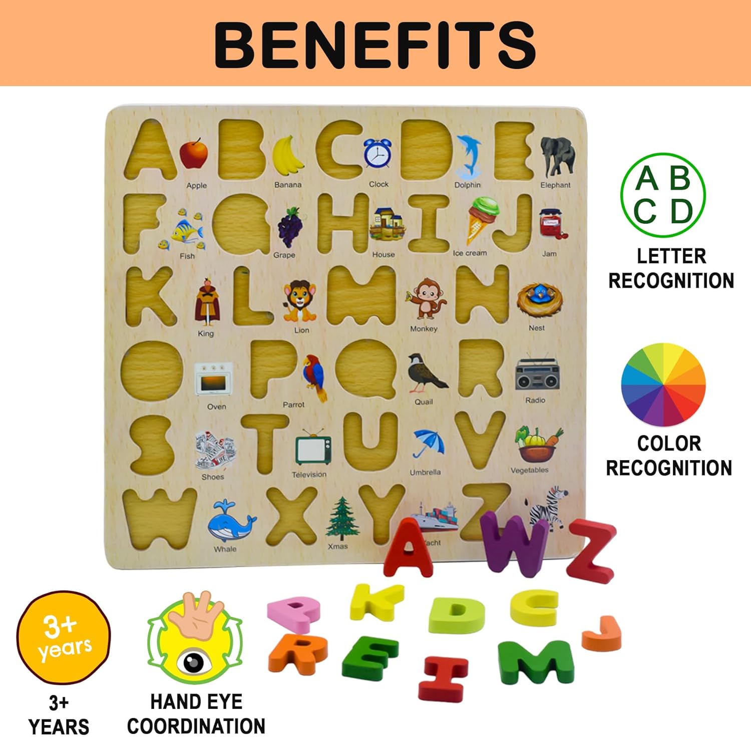 Kiddyraft Montessori Wooden Alphabet Learning Puzzle Board - Image 3